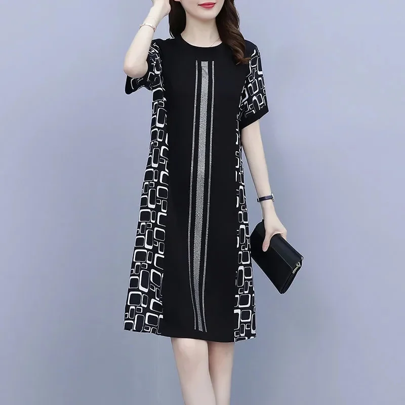 Fashion Hot Diamond A-line Women's Dress New 2023 Female Dress Summer Dress Fat mm Thin High-end Skirt Women's Printing Commute