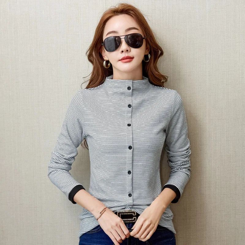 New T Shirt Women Striped Long Sleeve Turtleneck Autumn Winter T-shirts Buttons Casual Female Tops Tees Classic Basic Tshirt