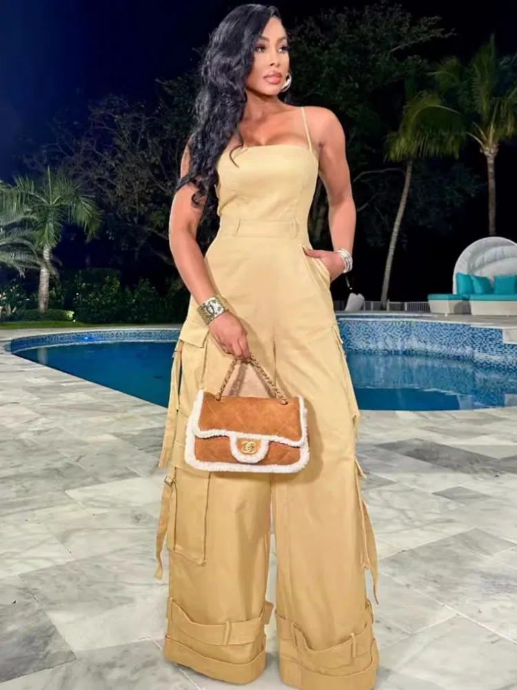 Solid Color Women Jumpsuits For Spring Summer Sleeveless Bandage Loose Fashion Streetwear Overalls Wide Leg Pants Trousers 2024