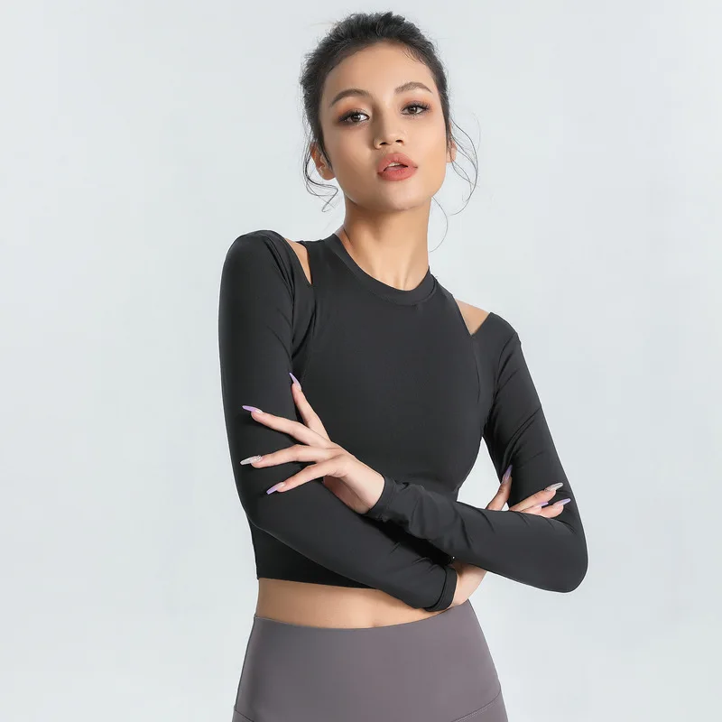 

Yoga Shirts Women Long Sleeve Hollow Sports Crop Top Quick Dry Training Gym Solid Color Slim T-Shirt