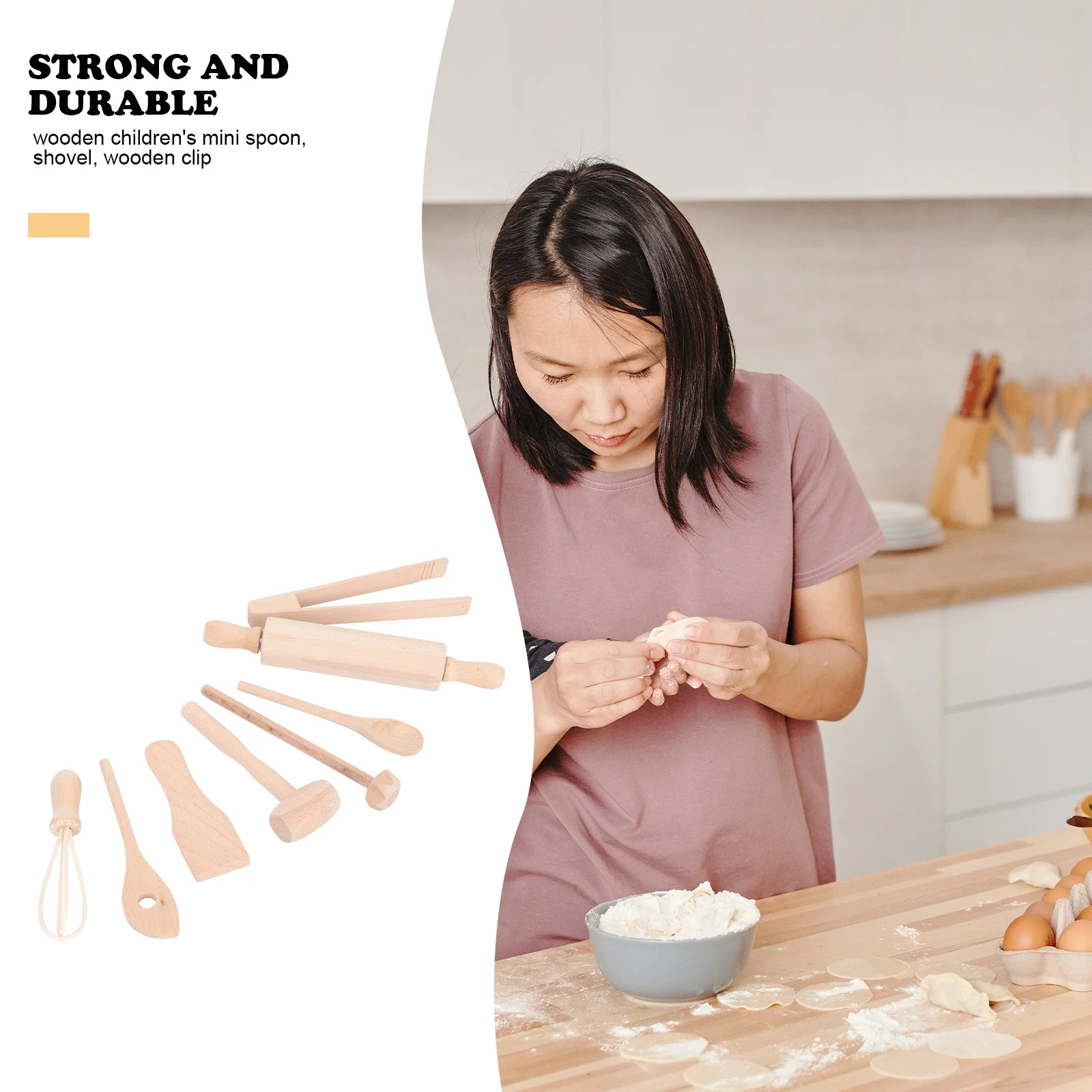 1Set Wooden Kids Kitchen Playthings Safe Non Sharp Edges Pretend Cooking Tools Rolling Pin Whisk Mini Spatula Egg Beater