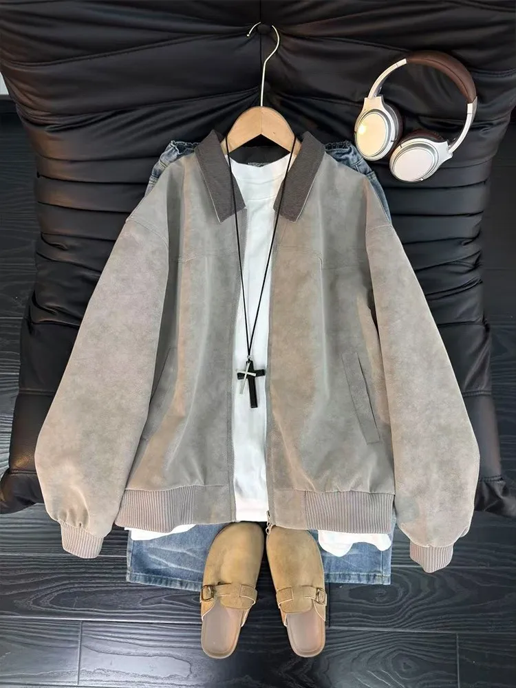 

Мужская куртка из искусственной кожи с эффектом тай-дай, на молнии, не мнется, износостойкая, винтажная, в американском стиле, с воротником, Cleanfit, для весеннего сезона