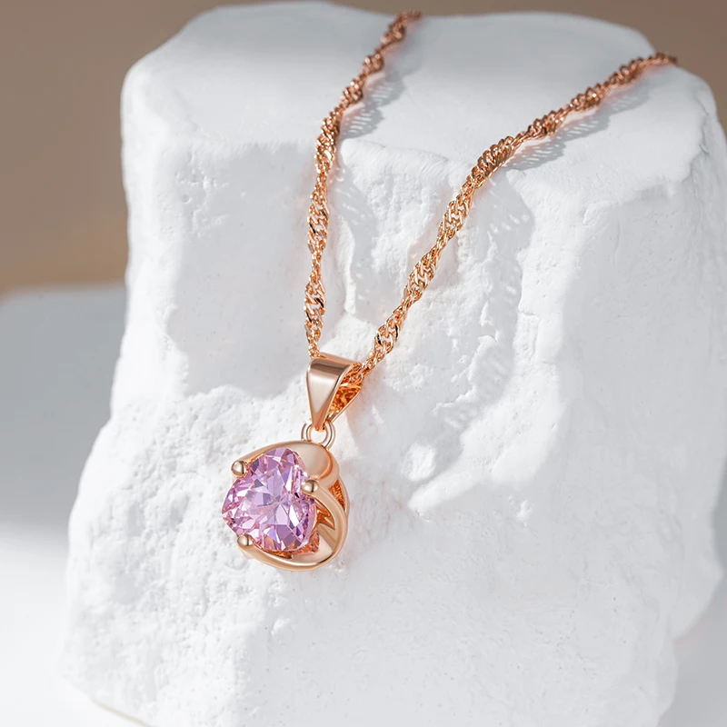 Kinel Hot Romantic Pink Natural Zircon Necklace For Women 585 Rose Gold Luxury Couple Gift Simple Pendant Daily Fine Jewelry