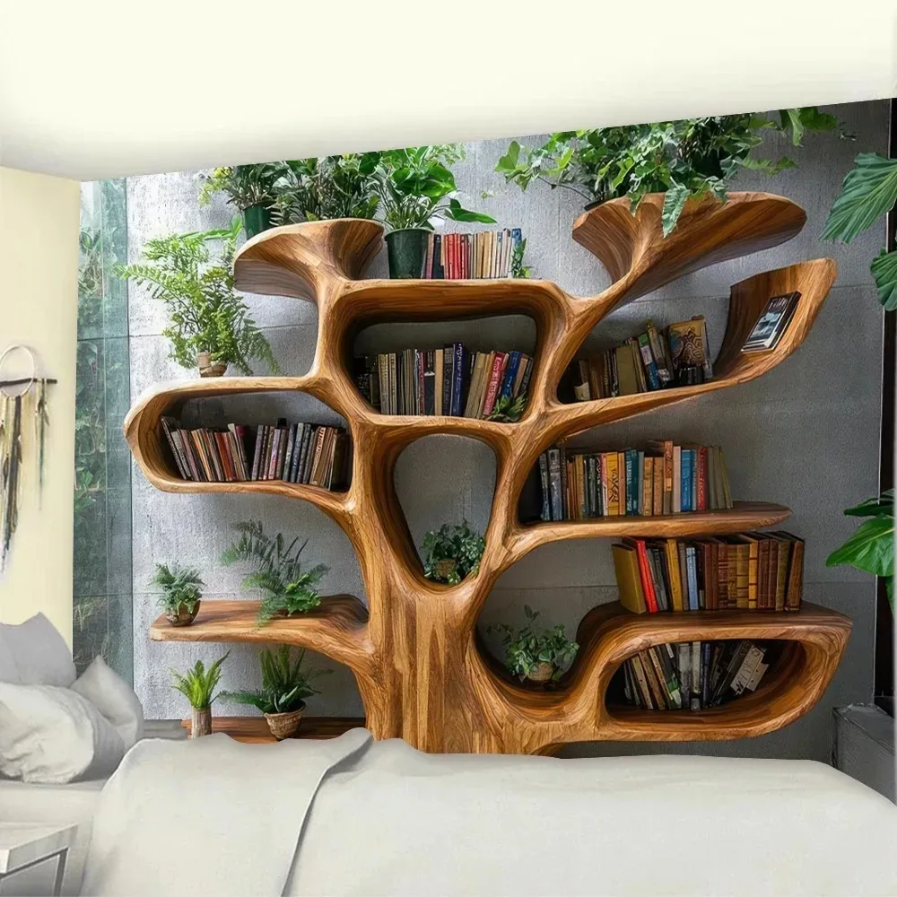 Tapiz de estantería con diseño de árbol nórdico, varios tamaños, impresión por sublimación HD, rincón de lectura, bosque, 100% poliéster, lavable, para sala de estar, estudio, ambiente tranquilo