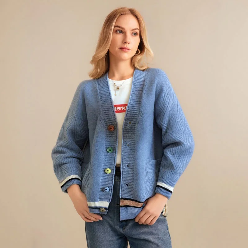 

Модная женская куртка-свитер с v-образным вырезом, осенне-зимний пригородный универсальный темпераментный вязаный кардиган с длинными рукавами