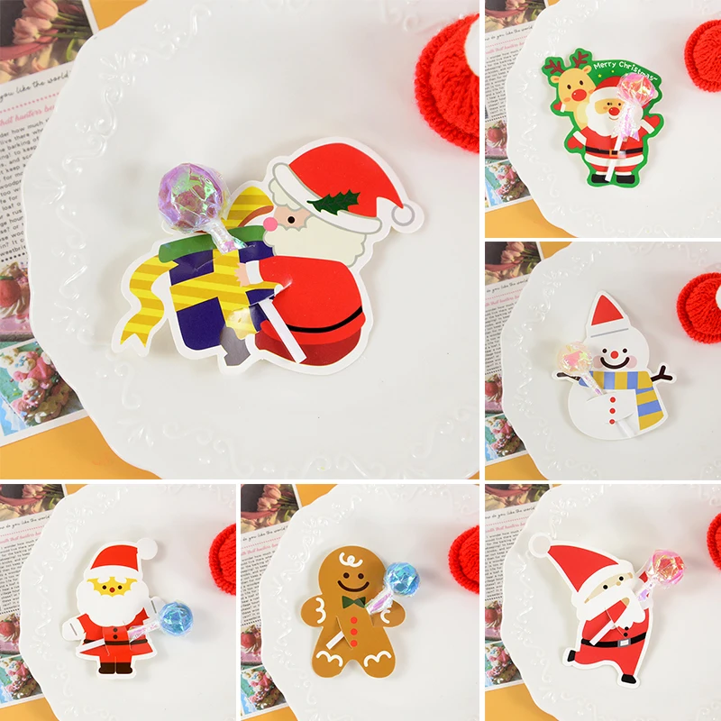 

50pcs Christmas Lollipop Paper Cards Cartoon Santa Claus Snowman Candy Holder New Year Party Decor Kids Candy Gift Wrapping Card