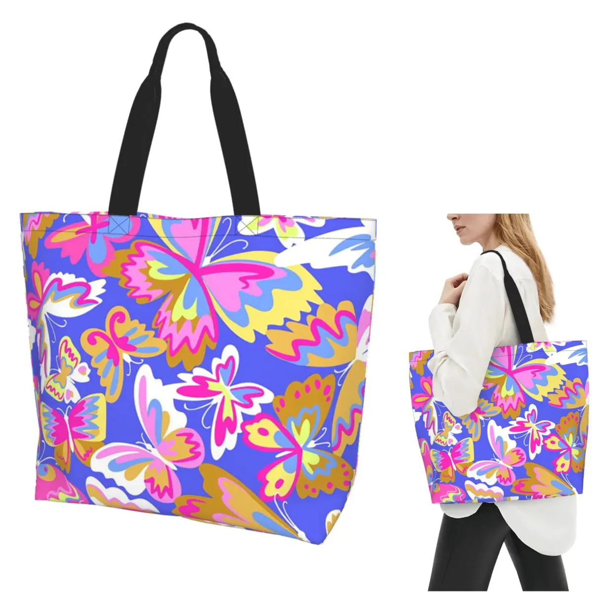 Colorful Butterfly Shopping Tote Bag Canvas Large Capacity Shoulder Bags Shopper Grocery Handbag for Women