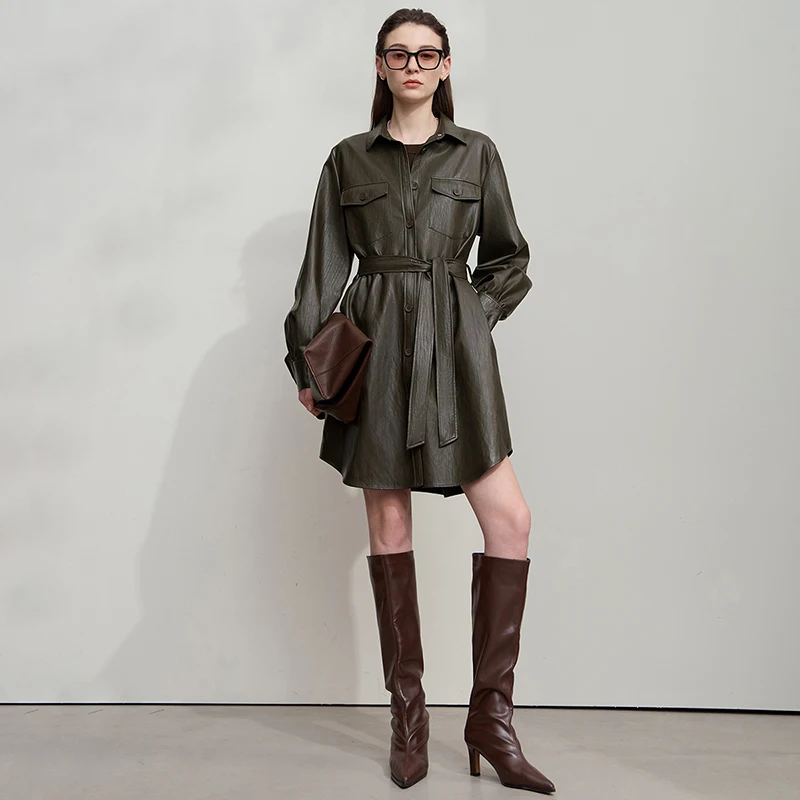 Amii レディースレザージャケット 2025年秋新作 レトロモダン レディース服 ベルト付き ルーズ ロングスリーブ レザージャケット レディース 12553042