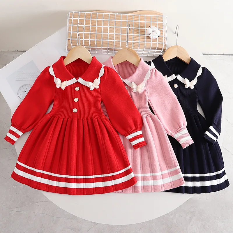 Girl Knitted Dress Bow Pearl Sweater Spring Cute Stripe Children Clothing Long Sleeve Princess Dresses Fashion Baby Girl Clothes