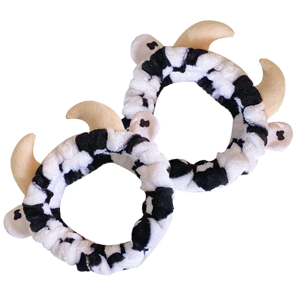 

2Pcs Cow Horn Headband Face Washing Spa Makeup Hair Accessories Girls Headdress Soft Elastic Fabric Party Cow Pattern