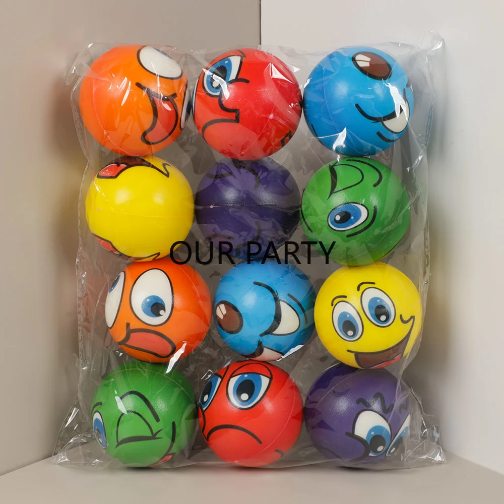 12Pcs Cartoon Face Soft PU Bouncy Ball Stress Reliver Toys for Kids Birthday Party Favors Baby Shower Gifts Pinata Fillers