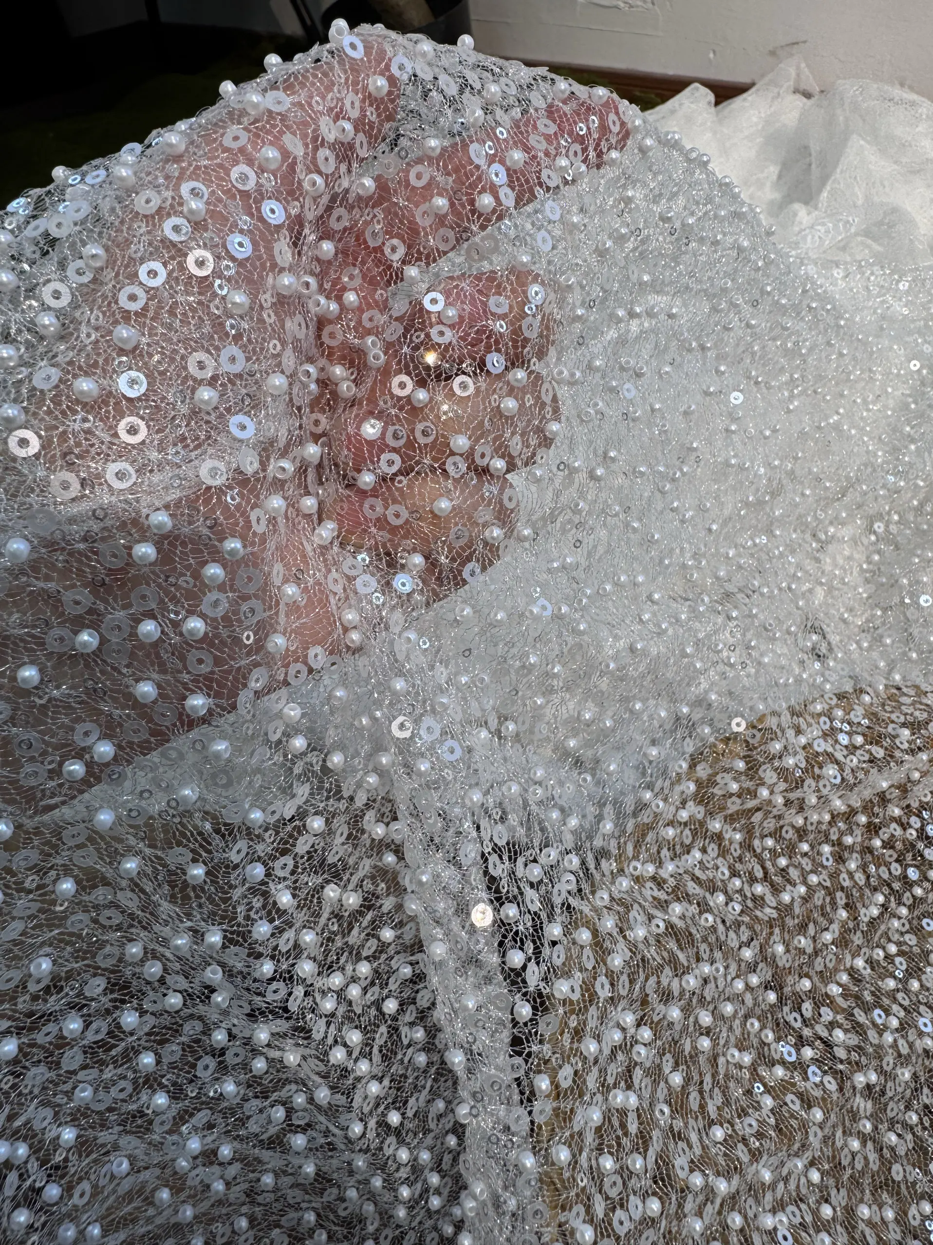 Encryption Industry Pearl Embroidery Sequin Gauze Fabric Draping for Wedding Yarn Dress Stage Clothing DIY Lace Fabric