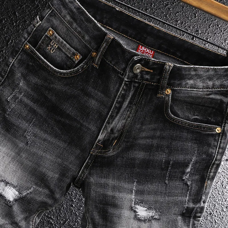 Summer Designer Fashion Men Jeans High Quality Retro Black Gray Stretch Ripped Denim Shorts Men Vintage Casual Shorts Hombre