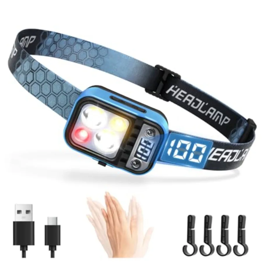 Headlamp Rechargeable LED, 5 Modes USB C Headband Flashlight with Motion Sensor Digital Power Display Up/Down Adjustable, for C
