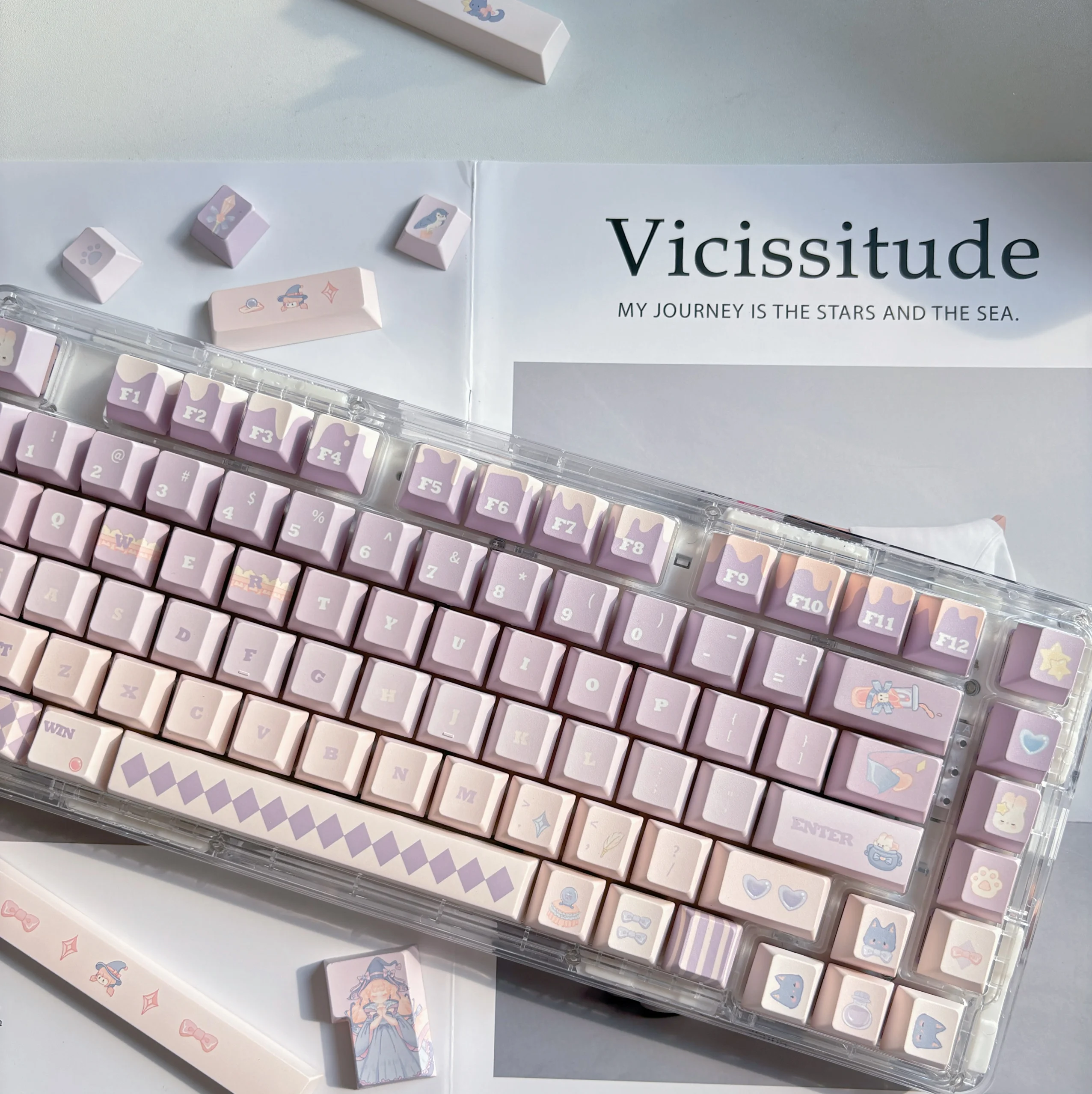 

Rabbit Witch Keycap Pbt Five-Sided Sublimation 140Key Girl Gift Meat Pink Keycap Game Office Codeword Cute Purpple Keycap