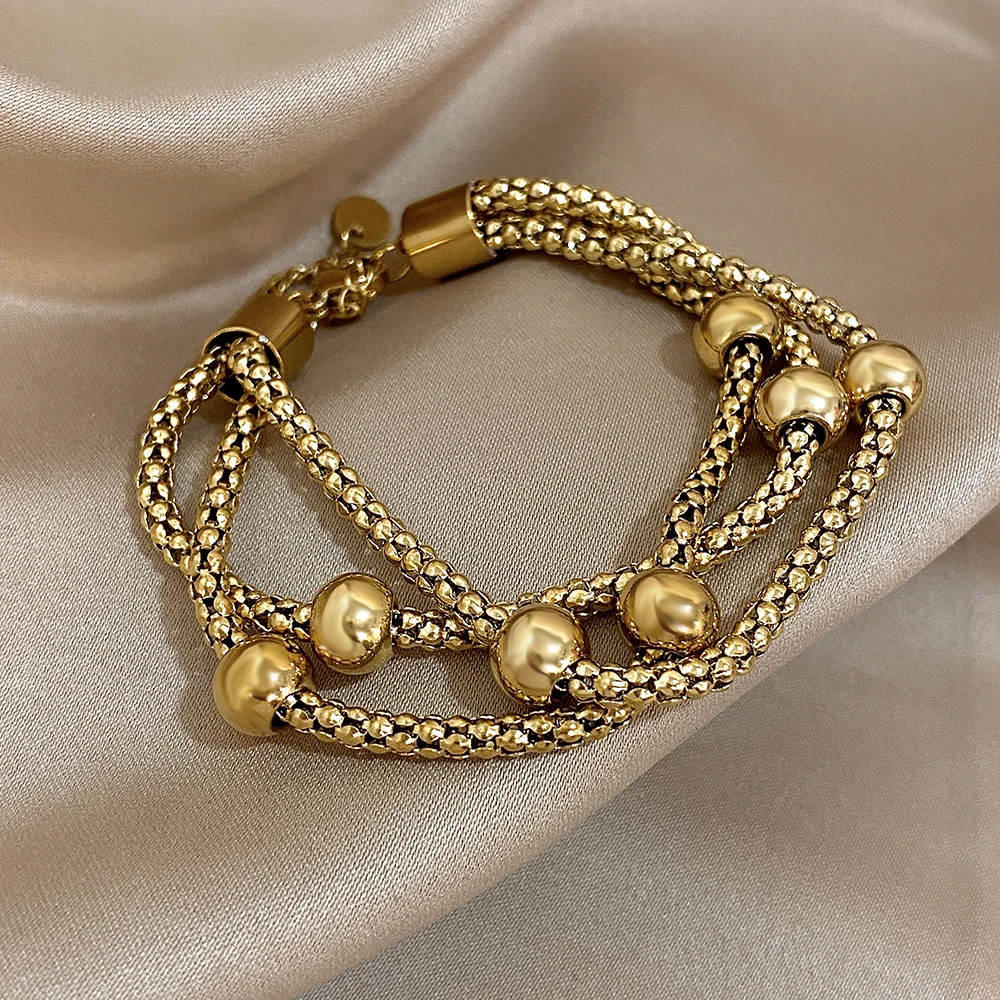 Greatera Gold/Sliver สีสามชั้น Twine INS กําไลข้อมือผู้หญิงขนาดเล็กรอบลูกปัดบุคลิกภาพเครื่องประดับสร้อยข้อมือของขวัญ