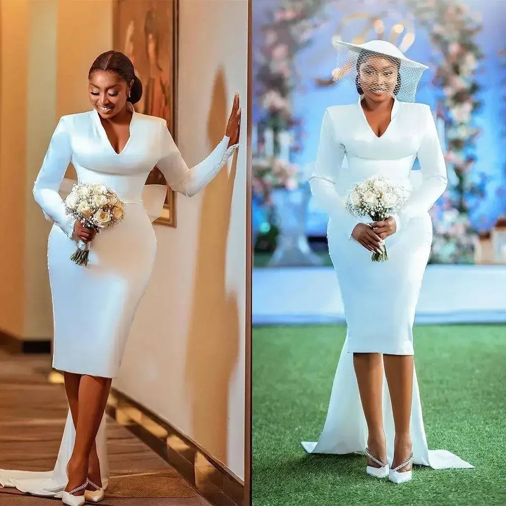 

Customized New Design V Neck Knee Length Wedding Dress Vestido De Casamento Satin Full Sleeves Open Back Big Bow Bridal Gown