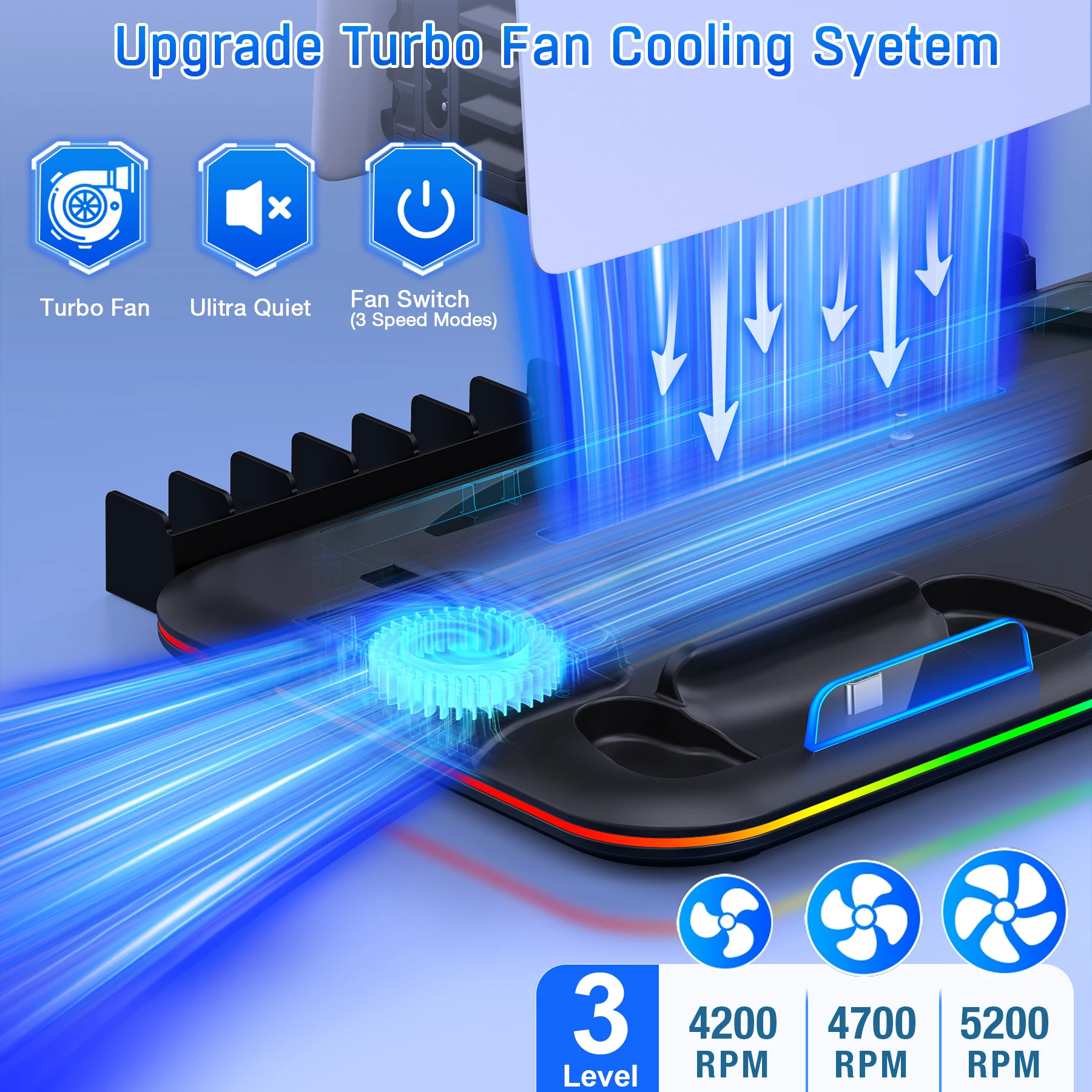 DinoFire S2000 RGB Cooling Stand  Vertical Cooling Station Cooler DualSence Gamepad Charger For PS5 Slim/PS5 Digital/Disc