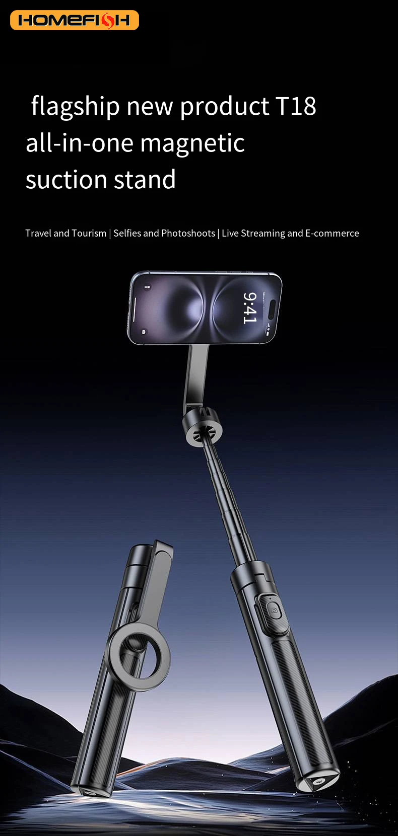 T18 Magnetisches Handy-Stativ, kabelloser Handyhalter, Selfie-Stick, Tischstativ – Detail 1