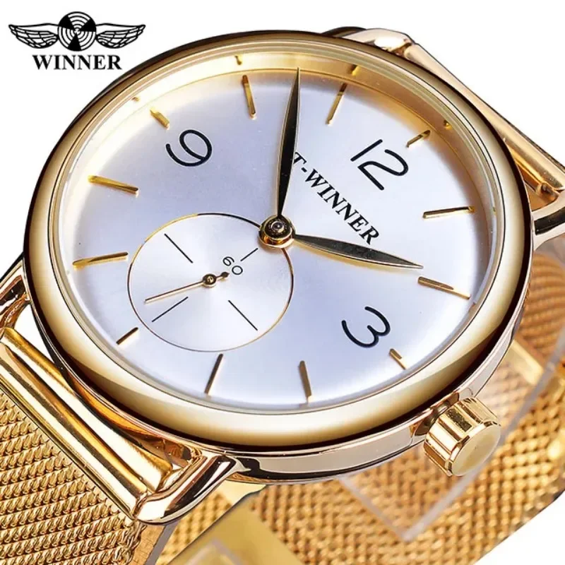 Winner Watch Men Simple Slim Thin Watches Luxury Gold Stainless Steel Mesh Band Auto Mechanical Wristwatches Men Reloj Hombre