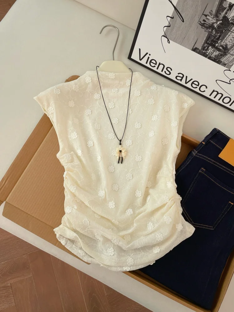 

Elegant Lace Embroidery Crop Top Women's Summer Fashionable Gentle Outerwear Vest Sleeveless Cotton Blend Casual Wear