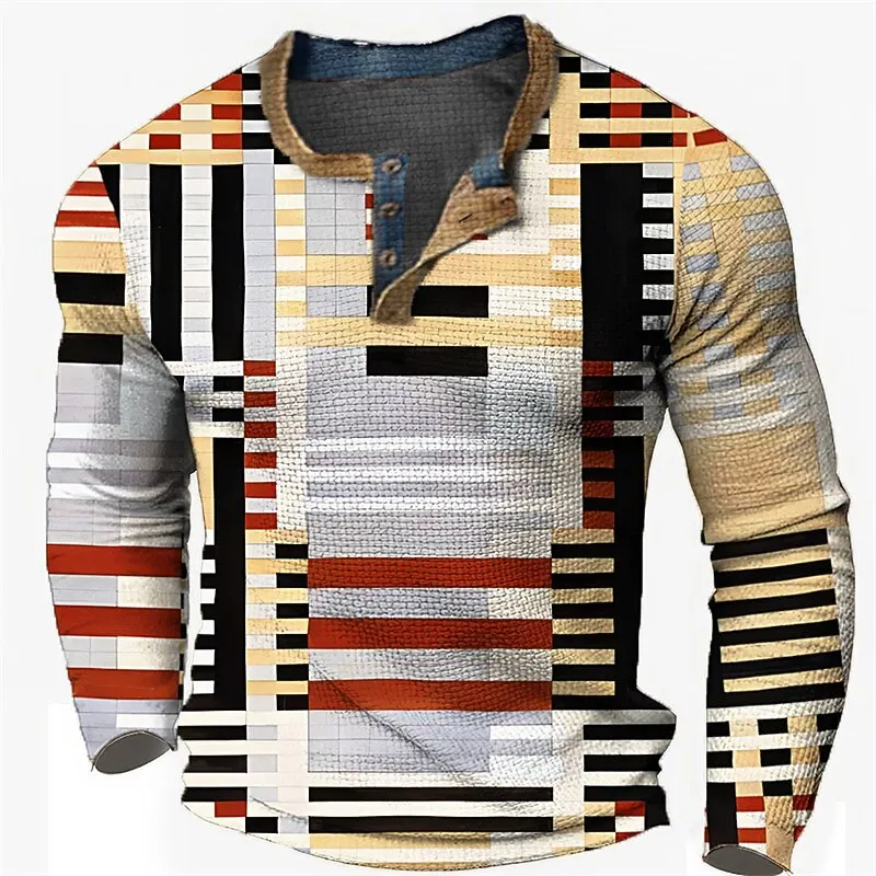 

3D Print Pixel Style Henry T-Shirt For Men Women Fashion Plaid Graphic Long Sleeve Top Autumn Winter Loose Casual Unisex Clothes