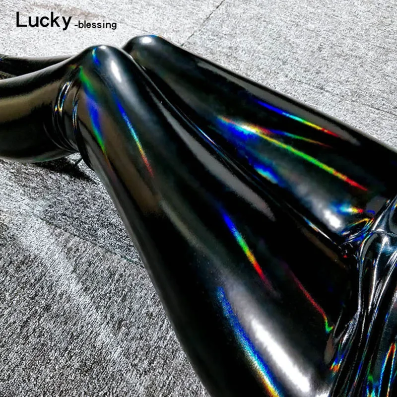 Leggings de cuero brillante de colores para mujer, pantalones de lápiz de PU elásticos reflectantes de espejo negro, cintura alta, delgados, Sexy,