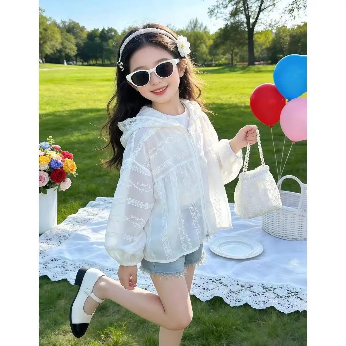 2026 New Summer Lace Sweet and Lightweight Children's Outdoor Hooded Jacket for Girls' Sunscreen Clothing