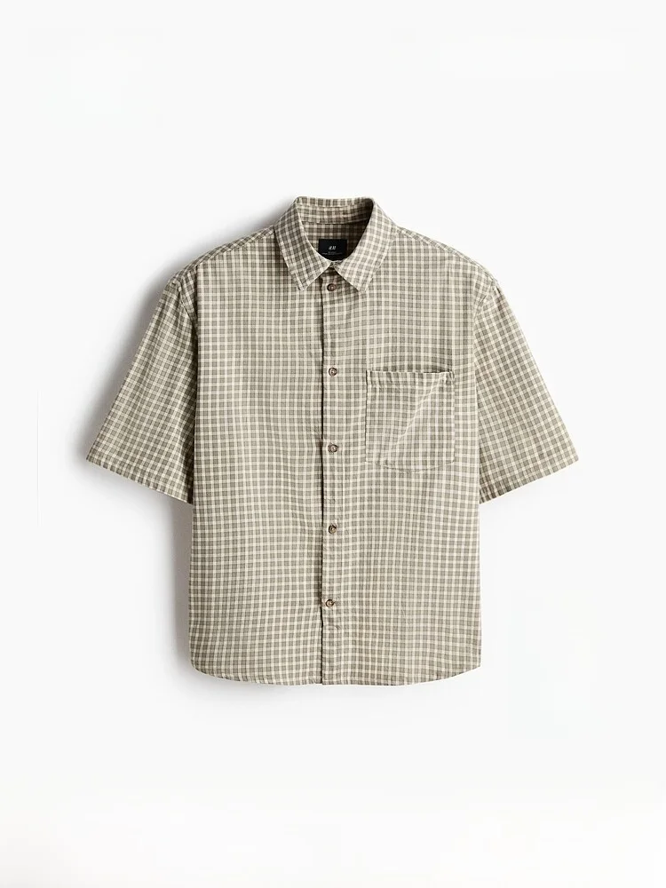 

H&M Men's Cotton Casual Shirt Summer 2026 Short Sleeve Thin Grid Pattern Loose Fit Button up Regular Length Open Cardigan