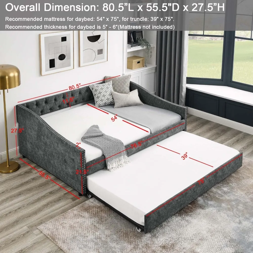 سرير نهاري حديث منجد من الكتان بالحجم الكامل مع أريكة معنقدة بأزرار وإطار سرير دولابي #2