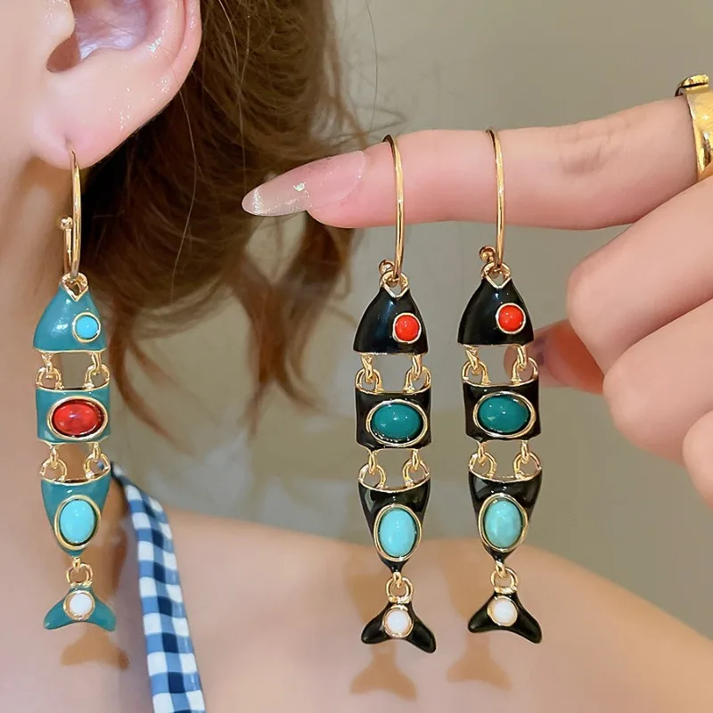 Minar Ethnic Black Blue Red Enamel Fish Tassel C Shaped Long Hoop Earrings for Women Gold Plated Alloy Casual Party Jewelry