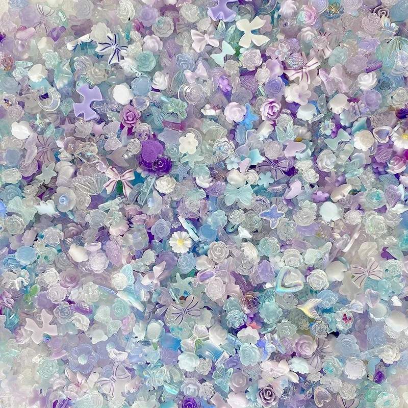 50 teile/paket Leuchtende Licht Harz Blaubeere Käse Gemischt Boxed Nail art Bogen Fischschwanz Blume Super Glitter Haarnadel Telefon Dekoration