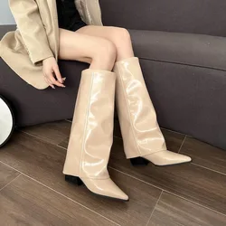 2025 Spring Knight Boots Women Designer Knee Boots Fashion High Heel Leather Boot Fold Gothic Wedge Long Boot bootas mujer