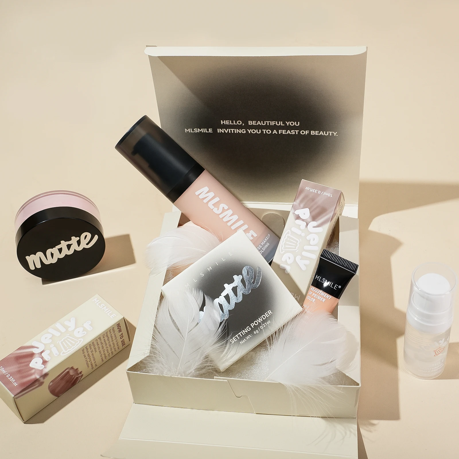 MLSMILE 5 Face Set Matte Loose Powder Foundation Primer มาพร้อมตัวอย่างรองพื้นเมคอัพไข่