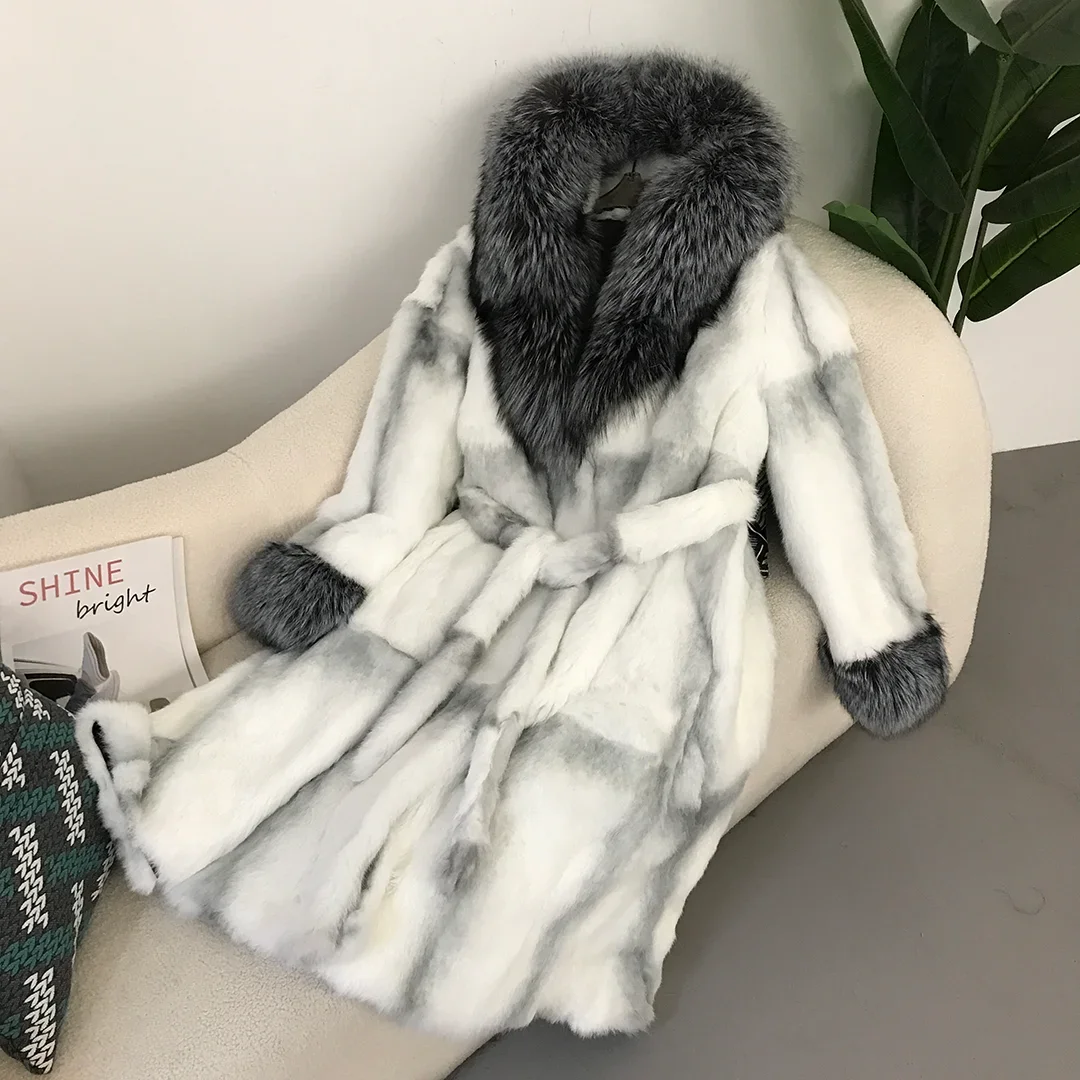 

MENINA BONITA 2024 Real Silver Fox Fur Collar Cuffs Coat Winter Jacket Women Natural Rabbit Fur Belt X-long Thick Warm Outerwear