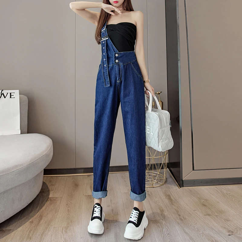 High waisted loose shoulder 2-piece buckle Haren denim shoulder strap pants thin summer radish pants dad pants