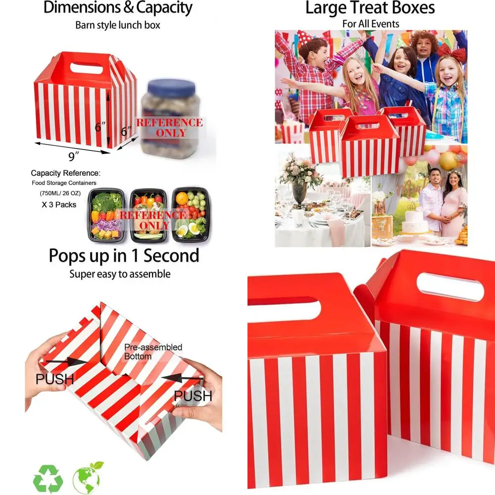 

Red and White Striped Large Party Gift Boxes with Handles, 9x6x6 Recyclable Paper Lunch Boxes for Barn-Style Party Favors