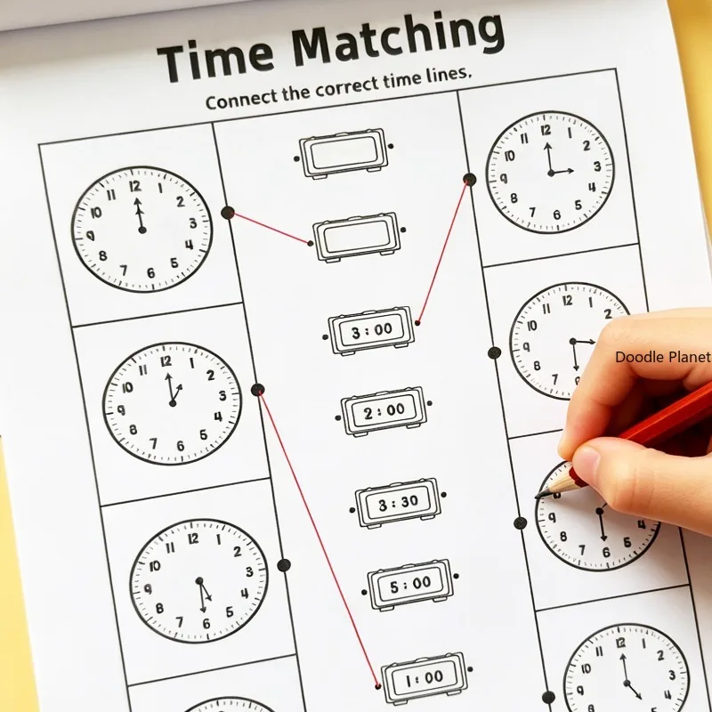 A Clock Recognition Early Childhood Material Book Complete Corresponding Fill in The Blank and Connect Lines Through Patterns