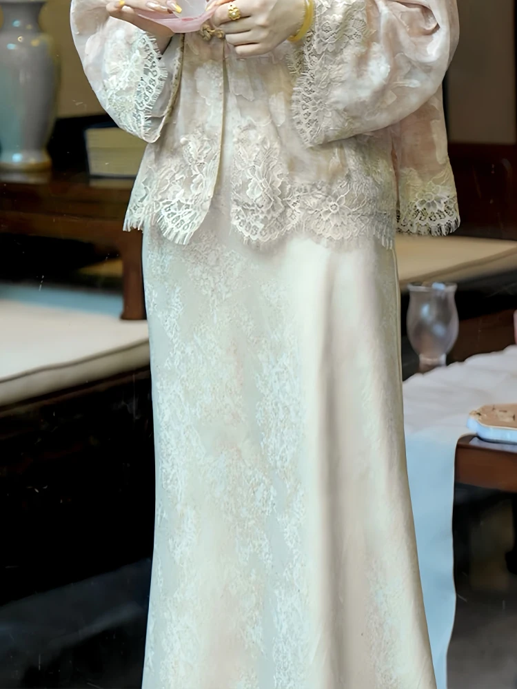 Damski dwuczęściowy zestaw w stylu retro: okrągły dekolt, wysoki stan spódnicy, jesienna moda koreańska, wygodny, oddychający, casual...