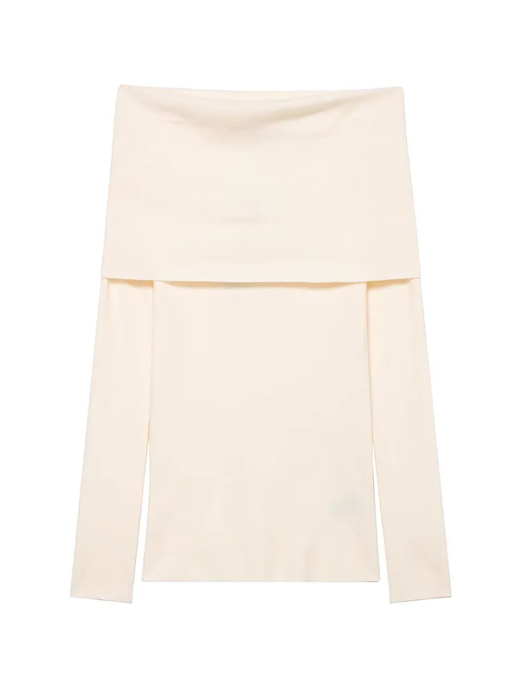 HH Women's 2025 Winter Fashion Solid Knitted Tube Top Pleated Top Female Simple Off-Shoulder Slim Fit 2-Color Long-Sleeved Top