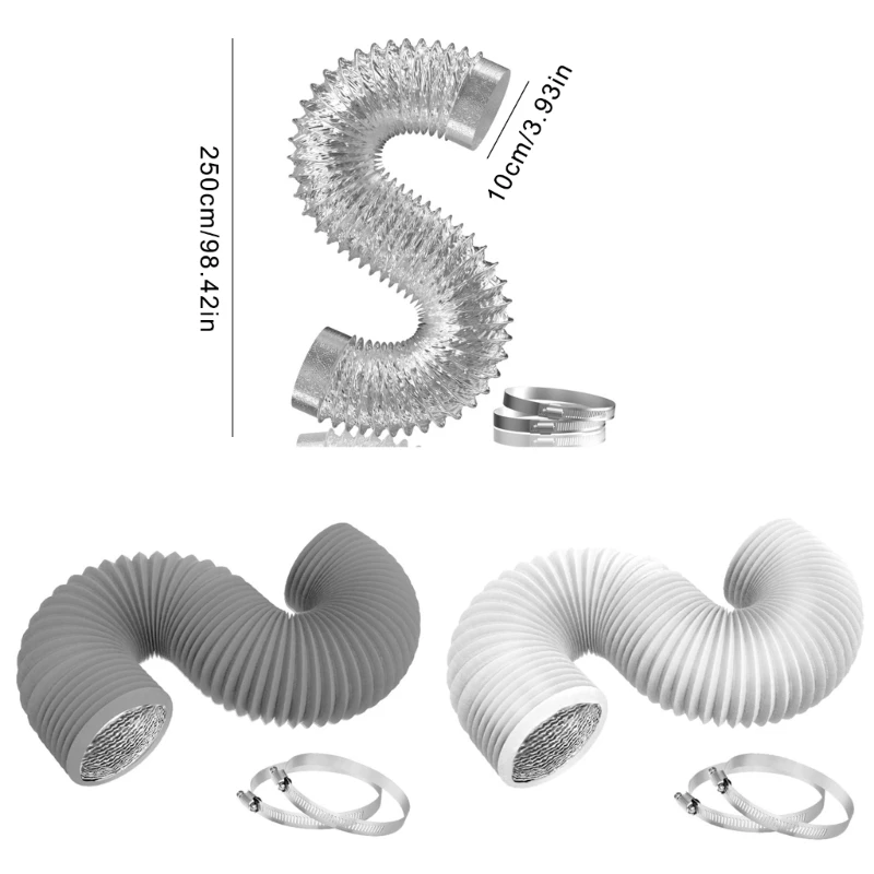 Шланг воздуховода Вентиляционный шланг сушилки с 2 хомутами Гибкий воздуховод из ПВХ и алюминия для отопления, охлаждения, и