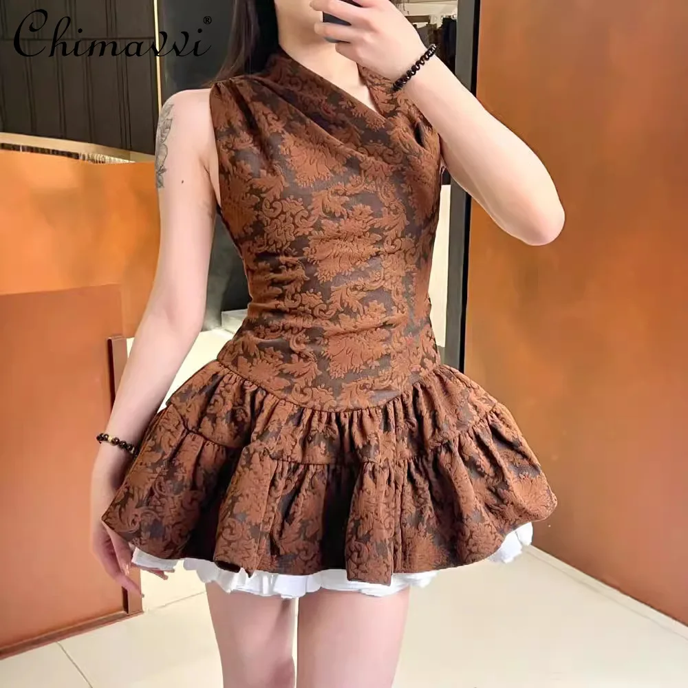 High-end Fashion Multi-layer Edge Fluffy Slanted Shoulder Dress Autumn and Winter New Slim Elegant Retro Short Women's Dress