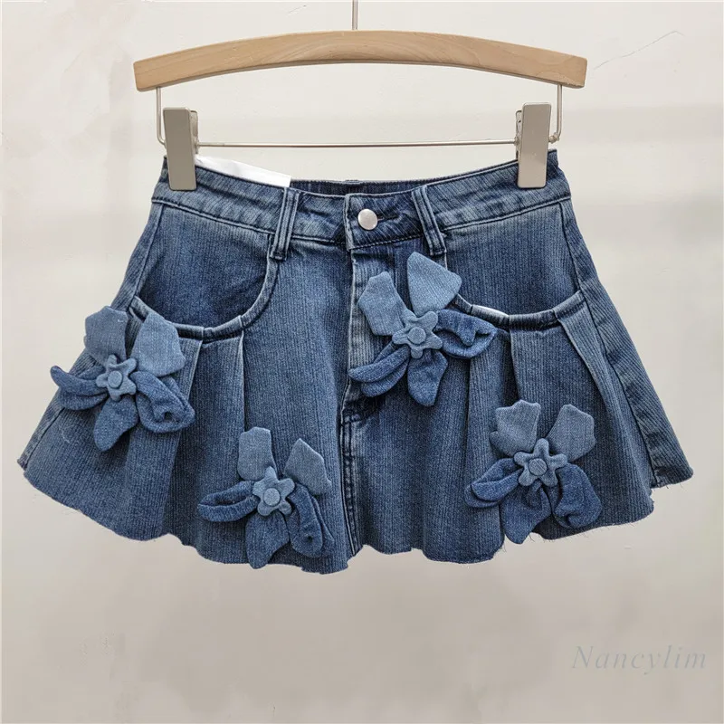 Spring Autumn New Fashion Three-dimensional Flower A-shaped Skirt Pleated Elastic Denim Short Skirts for Women