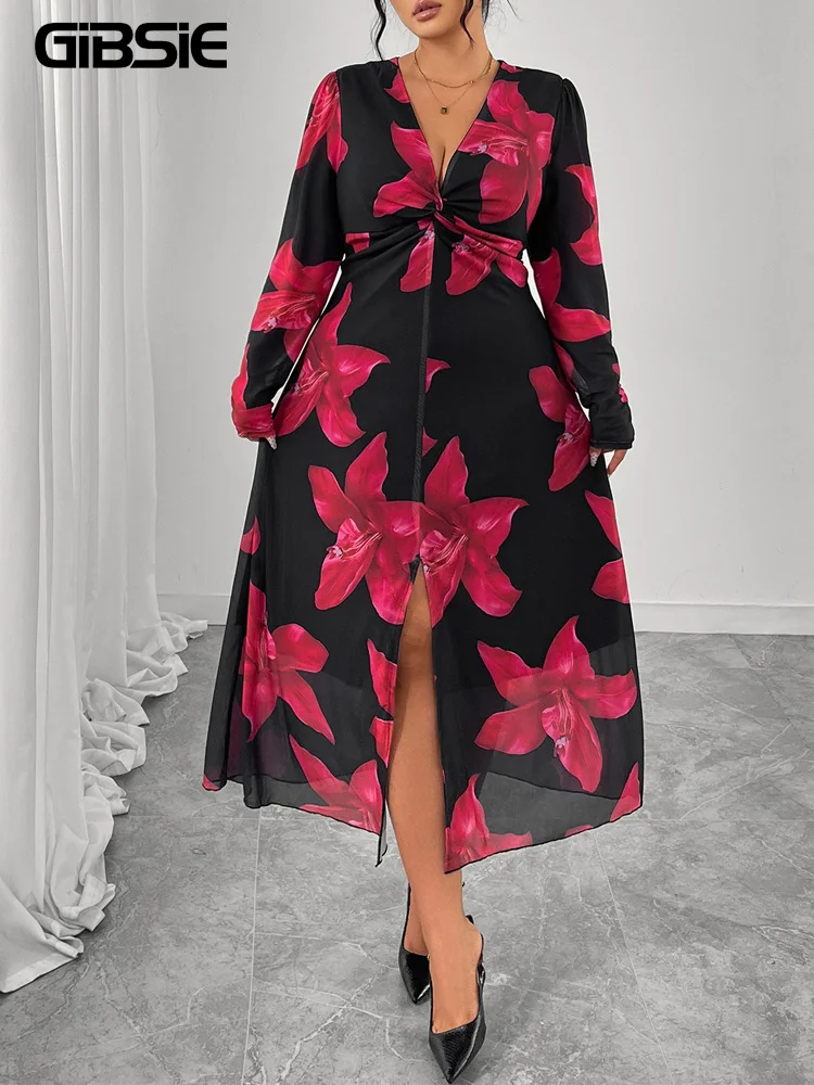 

GIBSIE Элегантное платье больших размеров с v-образным вырезом и цветочным принтом спереди, женское весенне-летнее длинное платье трапециевидной формы в стиле ретро с длинными рукавами и разрезом для отпуска