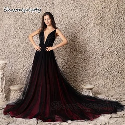 Burgundy And Black Gothic Wedding Dresses V-Neck Backless Spaghetii Sexy Bridal Gowns Lace Appliques Beaded Tulle Customized