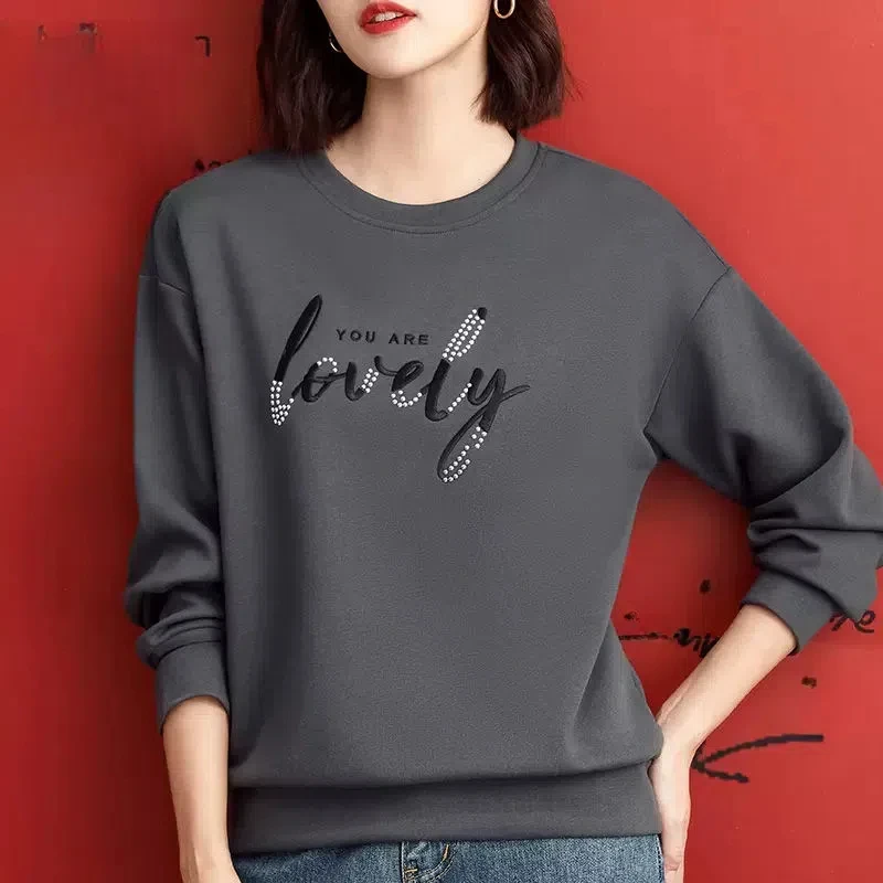 Women's Clothing Spring Autumn Round Neck Printing Rhinestone Pullover Letter Lantern Long Sleeve Casual Elegant Hoodies Tops