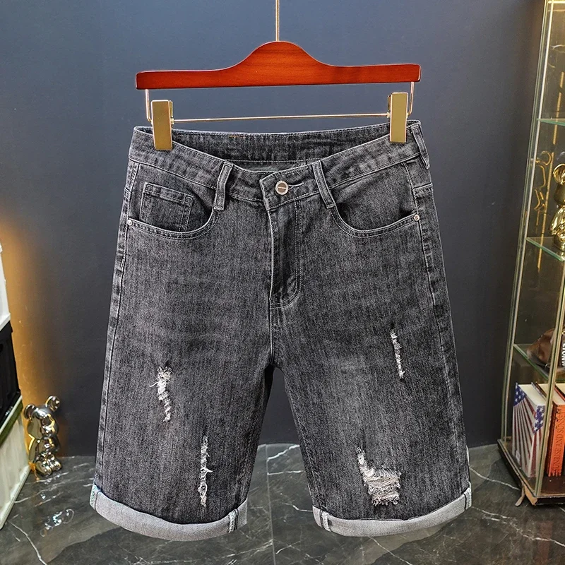 

Pop Summer New Men's Ripped Denim Shorts Straight Casual Hole Stretch Jeans Slim Vintage Bermuda Male Short Pants Streetwear