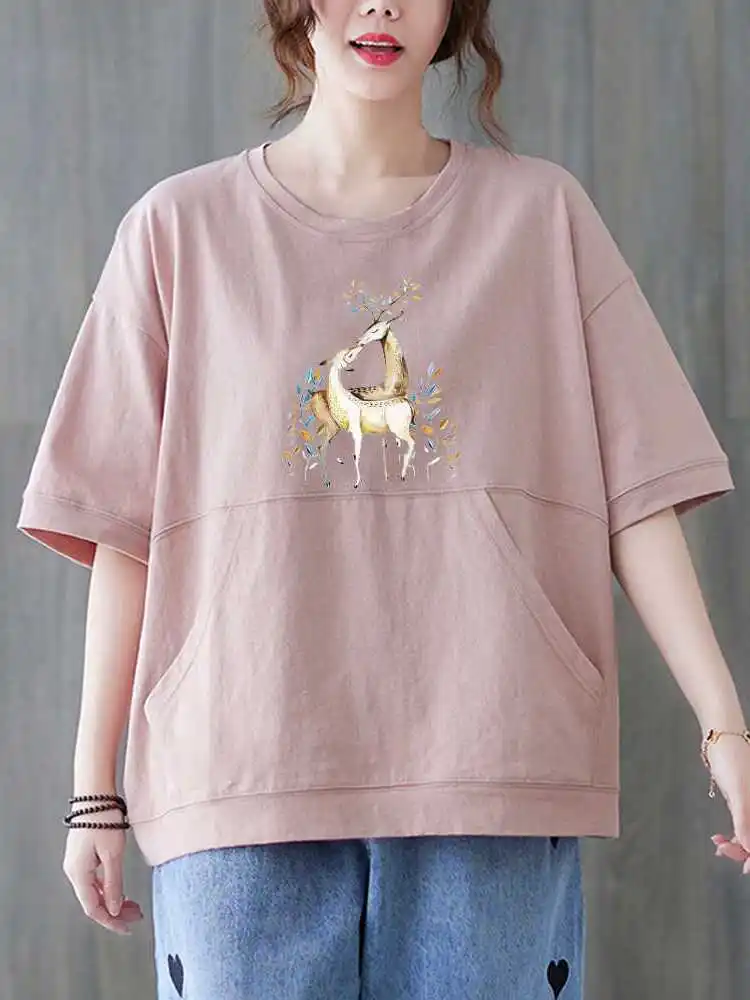 Pure Cotton Short Sleeve T-Shirt Women's Summer Versatile Stylish Simple Short Sleeve Shirt Large Pocket Anti-Season Buckle