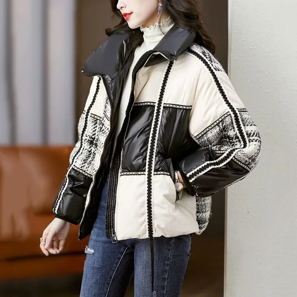 

Winter Puffer Jacket Women Stand Collar Patchwork Woolen Plaid Knitted Warm Parkas White Duck Down Coat Female Bread Clothing