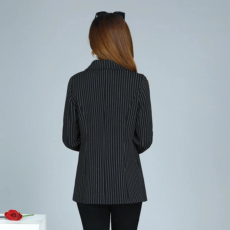 Middle Aged Mother\'s Blazers Coat Spring Autumn Casual Suits Collar Stripe Suits Jacket Fashion High Quality Short Blazer Tops